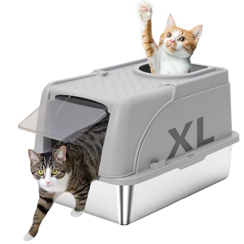 Katzentoilette aus Edelstahl mit Deckel, geschlossene Toilette für große Katzen (Grau) von YULEYU