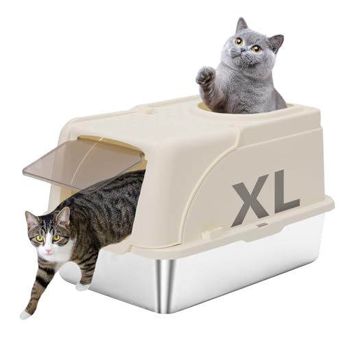 Katzentoilette aus Edelstahl mit Deckel, geschlossene Toilette für große Katzen (Weiß) von YULEYU