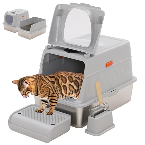 Katzentoilette aus Edelstahl mit Deckel und Schaufel, extra große geschlossene Katzentoiletten für große Katzen, hochseitig, nicht klebrig, Anti-Auslaufen, einfache Reinigung (Grau) von YULEYU