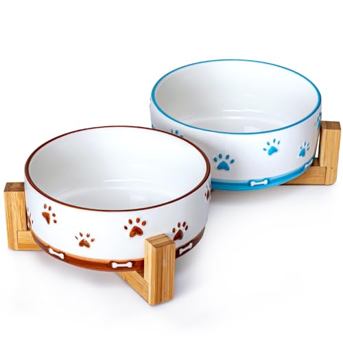 YUN TAO Keramik Hundenäpfe 2 Set mit Holzständer, Erhöhte Futter- und Wassernäpfe für kleine mittelgroße Hunde, inklusive rutschfester Silikonmatte von YUN TAO