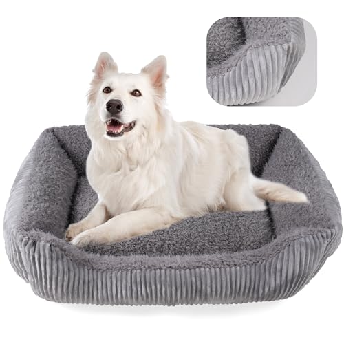YUNIQUE Großes Hundebett – Plüschkord, rutschfeste Unterseite, weich und gemütlich für Hunde (grau, groß) von YUNIQUE