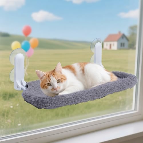 YUNIQUE Katzen-Fensterstange mit Kissenrand, umgedrehte Kantenhalterung, tragbare Wandhängematte für Indoor-Katze, Grau von YUNIQUE