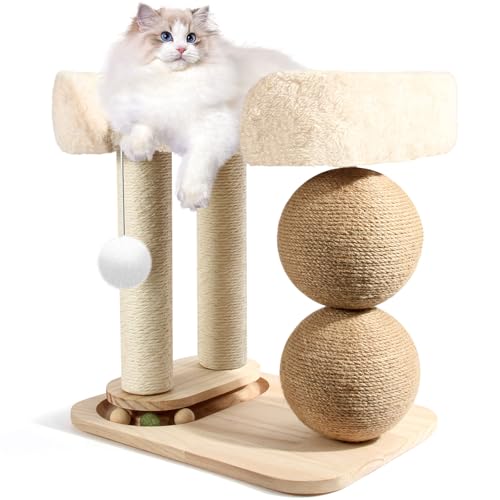 5-in-1 Katzenbaum klein mit Katzenhaus & Kratzstämmen, Sisalüberzogene Kratzstangen mit Turm Weichbett, Hängendes Ballspielzeug, Wendekissen & Stabiler Boden - Kätzchenbedarf für Indoor-Katzen von YUNLINLI