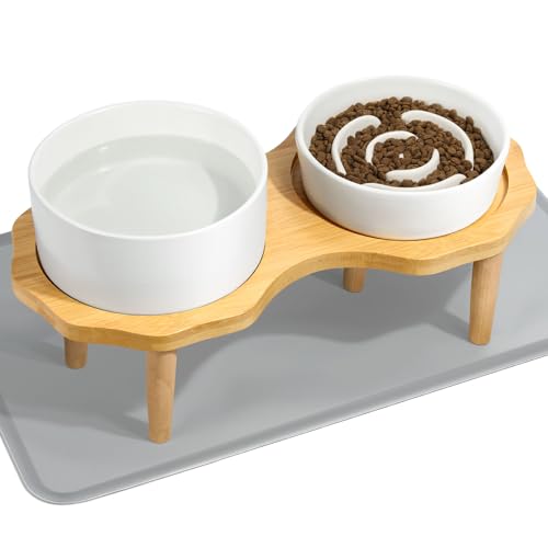 Keramik Erhöhte Katzen- und Hundenäpfe Set mit rutschfestem Holzständer, Katzen- und Hundefutter- und Wassernapf, kratzfestes Silikon-Pad, langlebig und leicht zu reinigen, Haustiernapf für kleine und von YUNLINLI