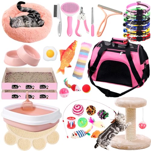 Kitten Starter Kit, 37-teiliges Kitten-Starter-Set für Indoor-Kätzchen, Katzenzubehör, einschließlich Katzenbett, Tragetasche, Katzentoilette, Halsband, Schalen, Katzenspielzeug und andere (Rosa) von YUNPHDA