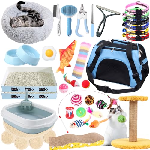 Kitten Starter Kit, 37-teiliges Kitten-Starter-Set für Indoor-Kätzchen, Katzenzubehör, einschließlich Katzenbett, Tragetasche, Katzentoilette, Halsband, Schalen, Katzenspielzeug und andere von YUNPHDA