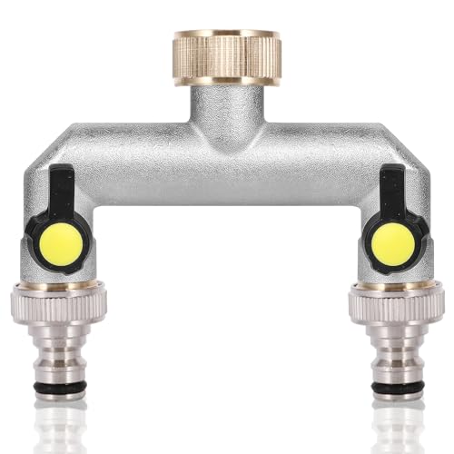 2 wege verteiler wasser 3/4 zoll, Wasserhahn Wasserverteiler aus Zinklegierung, Wasseranschluss Gartenschlauch Verteiler mit Adapter 1/2" und individuellem Absperrhähnen für Garten, Waschräume etc von YUNYODA
