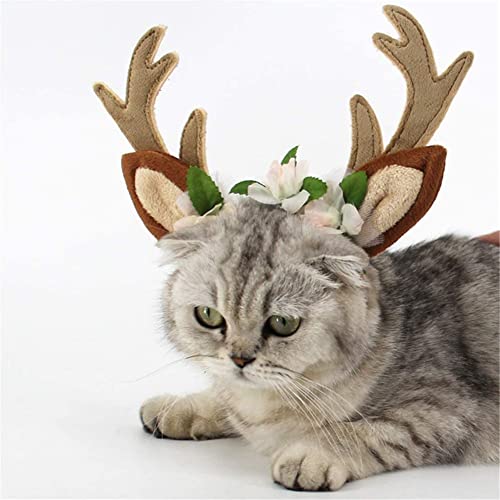 Weihnachtskostüm für Hunde und Katzen, Weihnachts-Rentier-Geweih Ohren, Haustier-Kopfbedeckung mit Blumen und elastischem Band, niedliches Cosplay-Haarzubehör für S, M, L, Hunde von YURRO