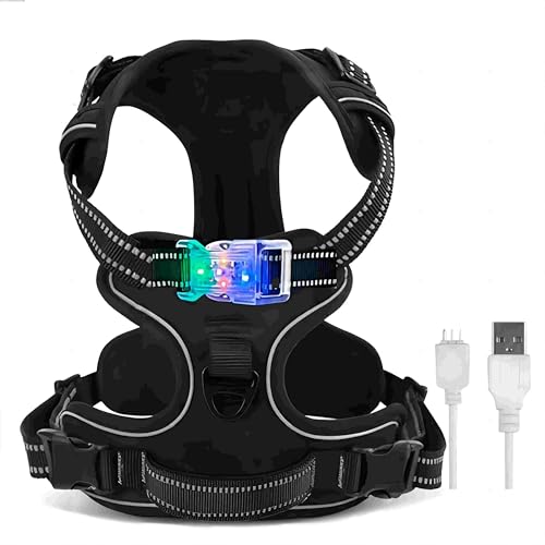 YUSHANG LED-Hundegeschirr, leuchtend, kein Ziehen, wiederaufladbar, wasserdicht, beleuchtet, für nächtliche Spaziergänge, verstellbar, leuchtende Weste für mittelgroße Hunde (Schwarz, M) von YUSHANG
