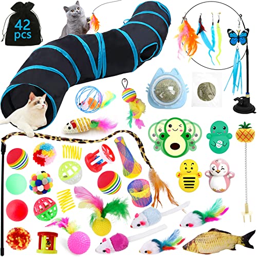 YUTUY Katzenspielzeug Set mit Katzentunnel,42 Stück Katzen Spielzeug Set,Mit Bälle,Federspielzeug,Spielzeugmäuse Katzen,Katzenminze,Fisch,2-Wege katzentunnel (Black) von YUTUY