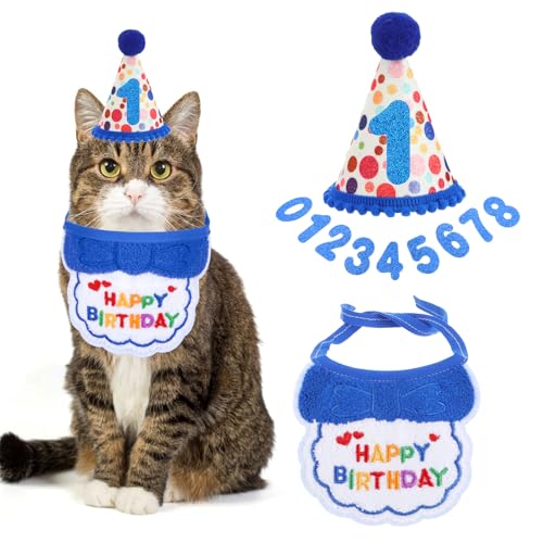 YUXIANLB Katzen-Geburtstags-Partybedarf Mädchen Katzen Kätzchen -Bandana Katzen-Geburtstagshut mit Zahlen Katzen-Geburtstagslätzchen Haustier-Geburtstagsdekorationen-Outfits für Katze Kätzchen (Blau) YUXIANLB Katzen-Geburtstags-Partybedarf Mädchen Katzen Kätzchen -Bandana Katzen-Geburtstagshut mit Zahlen Katzen-Geburtstagslätzchen Haustier-Geburtstagsdekorationen-Outfits für Katze Kätzchen (Blau) von YUXIANLB