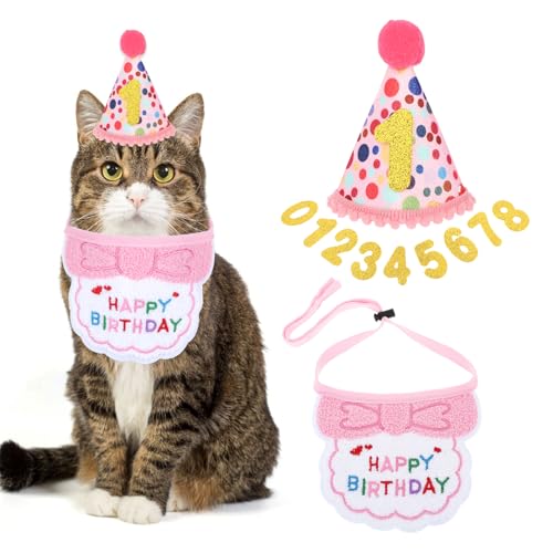 YUXIANLB Katzen-Geburtstags-Partybedarf Mädchen Katzen Kätzchen -Bandana Katzen-Geburtstagshut mit Zahlen Katzen-Geburtstagslätzchen Haustier-Geburtstagsdekorationen-Outfits für Katze Kätzchen (Rosa) YUXIANLB Katzen-Geburtstags-Partybedarf Mädchen Katzen Kätzchen -Bandana Katzen-Geburtstagshut mit Zahlen Katzen-Geburtstagslätzchen Haustier-Geburtstagsdekorationen-Outfits für Katze Kätzchen (Rosa) von YUXIANLB