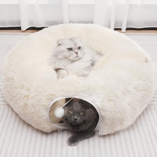YUYAFN Plüsch-Katzentunnel mit Katzenbett für Indoor-Katzen, multifunktionaler Katzen-Donut-Tunnel für kleine, mittelgroße große Katzen, Kätzchen, Kaninchen, Welpen (Weiß) von YUYAFN