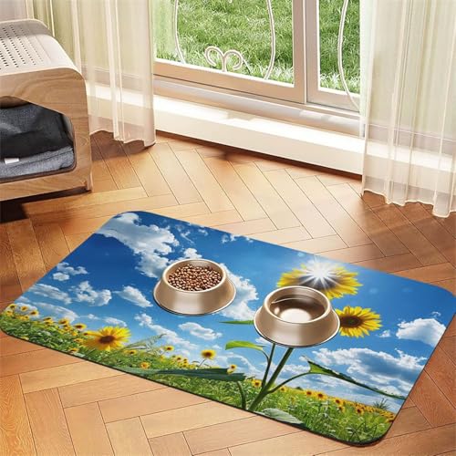 Blue Sky, White Clouds, Sonnenblumen, Haustier-Futtermatte, für Hunde und Katzen, saugfähig, Leder, Tischdecke für Wassernapf, wasserdicht, keine Flecken, schnell trocknend, rutschfest, 45 x 30 cm Blue Sky, White Clouds, Sonnenblumen, Haustier-Futtermatte, für Hunde und Katzen, saugfähig, Leder, Tischdecke für Wassernapf, wasserdicht, keine Flecken, schnell trocknend, rutschfest, 45 x 30 cm von YVNKHKU