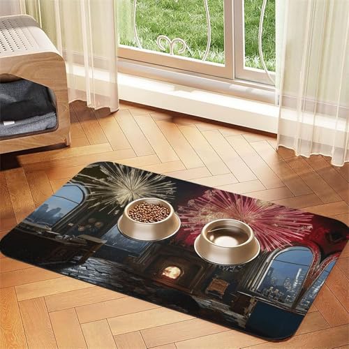 Fireworks in The Sky Futtermatte für Hunde und Katzen, saugfähig, Leder, Tischdecke für Wassernapf, wasserdicht, keine Flecken, schnell trocknend, rutschfest, 60 x 40 cm von YVNKHKU