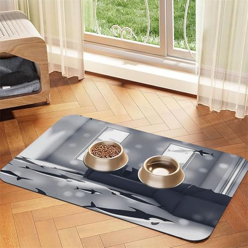 Fische schwimmen im Schlafzimmer, Haustier-Futtermatte, für Hunde und Katzen, saugfähig, Leder, Tischdecke für Wassernapf, wasserdicht, keine Flecken, schnell trocknend, rutschfest, 45 x 30 cm von YVNKHKU
