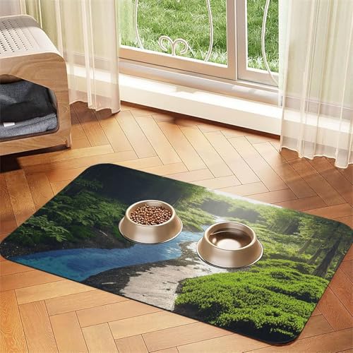 Forests and Rivers Haustier-Futtermatte für Hunde und Katzen, saugfähig, Leder, Tischdecke für Wassernapf, wasserdicht, keine Flecken, schnell trocknend, rutschfest, 60 x 40 cm von YVNKHKU