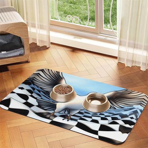 Futtermatte für Hunde und Katzen, Motiv: Vogel mit surrealistischem Schachbrett-Hintergrund, saugfähige Leder-Tischdecke für Wassernapf, wasserdicht, keine Flecken, schnell trocknend, rutschfest, 60 x Futtermatte für Hunde und Katzen, Motiv: Vogel mit surrealistischem Schachbrett-Hintergrund, saugfähige Leder-Tischdecke für Wassernapf, wasserdicht, keine Flecken, schnell trocknend, rutschfest, 60 x von YVNKHKU
