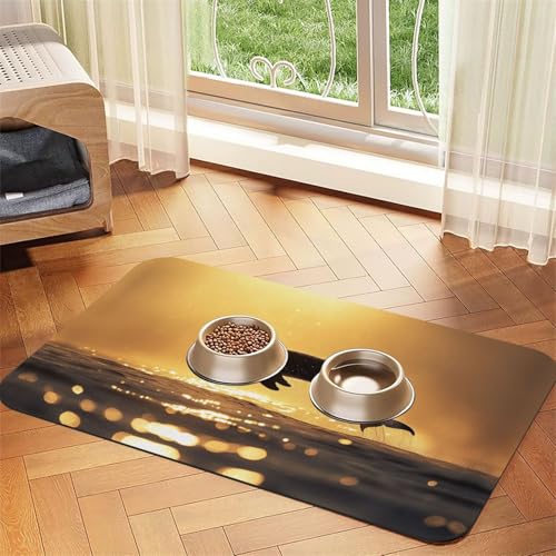 Goldener Moment mit Hintergrundbeleuchtung, Delfine, springende Haustier-Futtermatte, für Hunde und Katzen, saugfähig, Leder, Tischdecke für Wassernapf, wasserdicht, keine Flecken, schnell trocknend von YVNKHKU