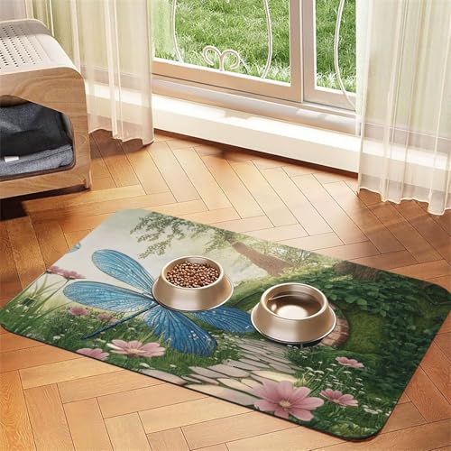 Libellen in Candy Land Futtermatte für Hunde und Katzen, saugfähig, Leder, Tischdecke für Wassernapf, wasserdicht, keine Flecken, schnell trocknend, rutschfest, 45 x 30 cm von YVNKHKU