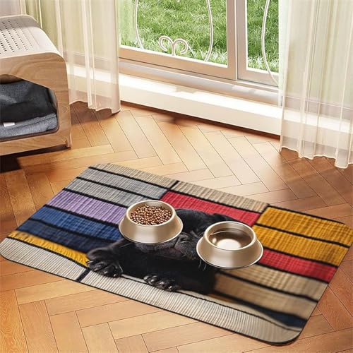 Niedliche kleine schwarze Futtermatte für Hunde und Katzen, saugfähig, Leder, Tischdecke für Wassernapf, wasserdicht, keine Flecken, schnell trocknend, rutschfest, 60 x 40 cm von YVNKHKU