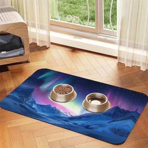 Northern Lights in The Anden Mountains Haustier-Futtermatte für Hunde und Katzen, saugfähig, Leder, Tischdecke für Wassernapf, wasserdicht, keine Flecken, schnell trocknend, rutschfest, 60 x 40 cm von YVNKHKU