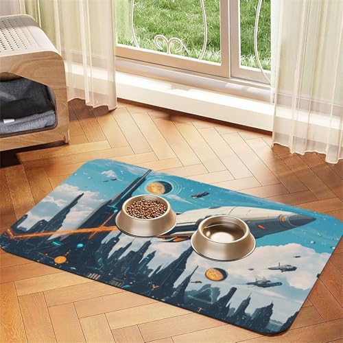 Science-Fiction-Illustration Haustier-Futtermatte für Hunde und Katzen, saugfähig, Leder, Tischdecke für Wassernapf, wasserdicht, keine Flecken, schnell trocknend, rutschfest, 60 x 40 cm Science-Fiction-Illustration Haustier-Futtermatte für Hunde und Katzen, saugfähig, Leder, Tischdecke für Wassernapf, wasserdicht, keine Flecken, schnell trocknend, rutschfest, 60 x 40 cm von YVNKHKU