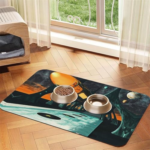 Spacecraft Futtermatte für Hunde und Katzen, saugfähig, Leder, Tischdecke für Wassernapf, wasserdicht, keine Flecken, schnell trocknend, rutschfest, 60 x 40 cm von YVNKHKU
