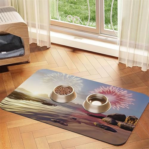 The Beach and Fireworks at Sunset Haustier-Futtermatte, für Hunde und Katzen, saugfähig, Leder, Tischdecke für Wassernapf, wasserdicht, keine Flecken, schnell trocknend, rutschfest, 60 x 40 cm von YVNKHKU