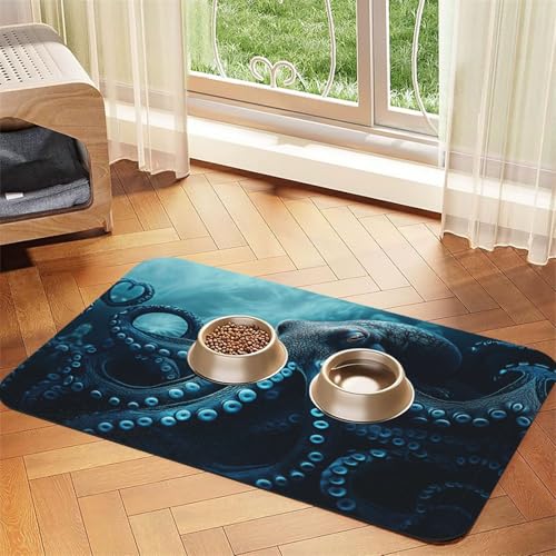 Tiefsee-Oktopus-Haustier-Futtermatte, für Hunde und Katzen, saugfähig, Leder, Tischdecke für Wassernapf, wasserdicht, keine Flecken, schnell trocknend, rutschfest, 60 x 40 cm Tiefsee-Oktopus-Haustier-Futtermatte, für Hunde und Katzen, saugfähig, Leder, Tischdecke für Wassernapf, wasserdicht, keine Flecken, schnell trocknend, rutschfest, 60 x 40 cm von YVNKHKU