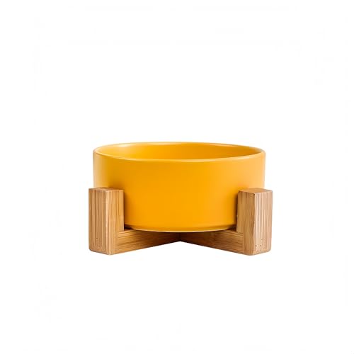 Keramik Hundenapf und Katzennapf mit Holzständer, Futter- und Wassernapf Set für kleine Katzen und große Hunde, Set für 850 ml rutschfeste und auslaufsichere Haustiernäpfe (Gelb) von ＹＷＨＷＬＸ