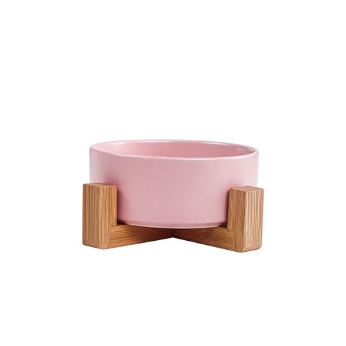 Keramik Hundenapf und Katzennapf mit Holzständer, Futter- und Wassernapf Set für kleine Katzen und große Hunde, Set für 850 ml rutschfeste und auslaufsichere Haustiernäpfe (Rosa) von ＹＷＨＷＬＸ