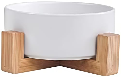 Keramik Hundenapf und Katzennapf mit Holzständer, Futter- und Wassernapf Set für kleine Katzen und große Hunde, Set für 850 ml rutschfeste und auslaufsichere Haustiernäpfe (Weiß) von ＹＷＨＷＬＸ