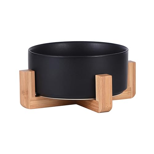 Keramik Hundenapf und Katzennapf mit Holzständer, Futter- und Wassernapf Set für kleine Katzen und große Hunde, Set für 850 ml rutschfeste und nicht verschüttete Haustiernäpfe (Schwarz) von ＹＷＨＷＬＸ