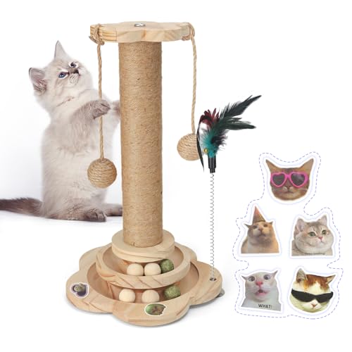 Katzenkratzbaum Katzenspielzeug für Indoor Katzen Holzball Karton 2 Ebene mit Katzenspur baumelnde Bälle Katze Natur Sisal Kratzbett Pad Katzenbaum Federspielzeug von YWXFCH