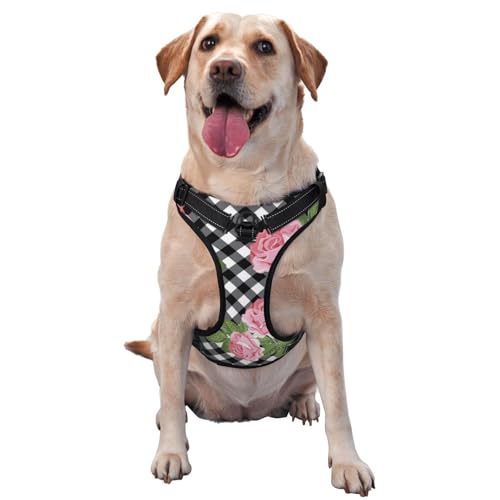 Drucken Sie Rosen auf schwarz-weißem Plaid, Haustiergeschirr, Verstellbares reflektierendes Hundegeschirr, Haustierleinenweste,L Drucken Sie Rosen auf schwarz-weißem Plaid, Haustiergeschirr, Verstellbares reflektierendes Hundegeschirr, Haustierleinenweste,L von YXDVPALNE