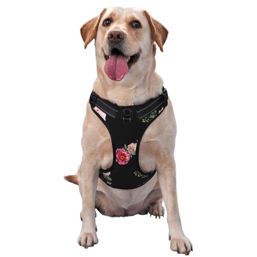 Rosa rote Rosen Vintage Blumen auf schwarzem Muster, Haustiergeschirr, Verstellbares reflektierendes Hundegeschirr, Haustierleinenweste,XL Rosa rote Rosen Vintage Blumen auf schwarzem Muster, Haustiergeschirr, Verstellbares reflektierendes Hundegeschirr, Haustierleinenweste,XL von YXDVPALNE