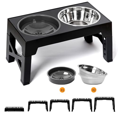 FOREYY Adjustable Elevated Dog Bowls with 2 Stainless Steel Bowls and 1 Float Bowl, Raised Dog Bowl 5 Heights, Non-Slip Dog Food Water Bowl Stand for Small Medium Large Dogs(Black) von YY FOREYY