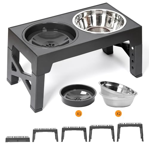 FOREYY Adjustable Elevated Dog Bowls with 2 Stainless Steel Bowls and 1 Float Bowl, Raised Dog Bowl 5 Heights, Non-Slip Dog Food Water Bowl Stand for Small Medium Large Dogs(Gray) von YY FOREYY
