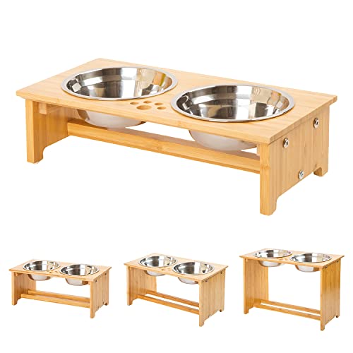 FOREYY Erhöhte Futternäpfe für Katzen und kleine Hunde, Bambus-erhöhte Futter- und Wassernäpfe mit 2 Edelstahlnäpfen und rutschfesten Füßen (10,2 cm hoch, 590 ml Napf) von YY FOREYY