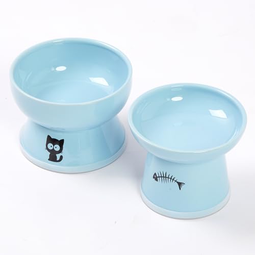 YY FOREYY Erhöhtes Katzenfutter- und Wassernapf-Set, Erhöhte Keramik-Katzenfutternäpfe mit Anti-Rutsch-Band, Porzellan-Haustierschale mit Ständer, Rückflussverhinderung, Spülmaschinenfest (Blau) von YY FOREYY