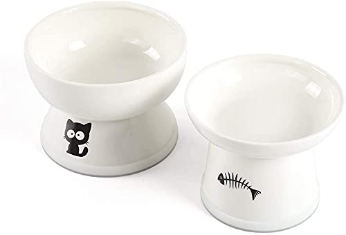 YY FOREYY Erhöhtes Katzenfutter- und Wassernapf-Set, Erhöhte Keramik-Katzenfutternäpfe mit Anti-Rutsch-Band, Porzellan-Haustierschale mit Ständer, Rückflussverhinderung, Spülmaschinenfest (Weiß) von YY FOREYY