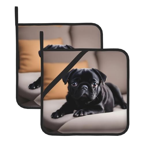 YYHHAOFA Quadratischer isolierter Topfuntersetzer mit niedlichem Mops-Motiv, hitzebeständig, 20,3 x 20,3 cm, Schwarz, 2 Stück von YYHHAOFA