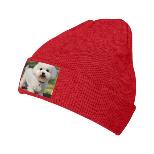 YYHWHJDE Warme Strickmütze, Bichon Frisé, Hunde-Aufdruck, weich, gute Elastizität, geeignet für den täglichen und Outdoor-Sport, Rot, Einheitsgröße von YYHWHJDE