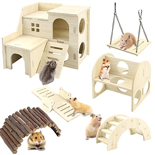 YYWEi Hamster Spielzeug 6 Stück Hamster Kauspielzeug Spielzeug für Hamster aus Holz Brücke Wippe Schaukel Trainingspielzeug für Meerschweinchen Chinchillas Rennmäuse von YYWEi