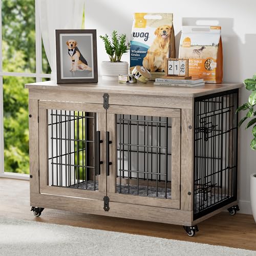 YaFiti Hundekäfig Möbel mit Kissen, Hundehütte aus Holz mit Doppeltüren, robuster Hundekäfig Beistelltisch mit Rädern, Hundehaus Indoor für kleine mittelgroße Hunde bis zu 20,4 kg, 82,5 cm L, Grau YaFiti Hundekäfig Möbel mit Kissen, Hundehütte aus Holz mit Doppeltüren, robuster Hundekäfig Beistelltisch mit Rädern, Hundehaus Indoor für kleine mittelgroße Hunde bis zu 20,4 kg, 82,5 cm L, Grau von YaFiti