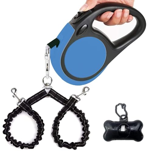 Ausziehbare Doppelleine für kleine Rassen (je bis zu 20 kg) – doppelköpfige, ausziehbare Haustierleine mit Kotbeuteln, Rutschfester Griff – EIN-Knopf-Bruch und Verriegelung, 360° verheddert Sich von YaLunpc