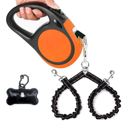 Doppelte, einziehbare Hundeleine für kleine Rassen (bis zu 50 kg) – Doppelköpfige 4,8 m ausziehbare Haustierleine mit Kotbeuteln, reflektierendes elastisches Seil – Steuerung mit einem Schlüssel, 360° von YaLunpc
