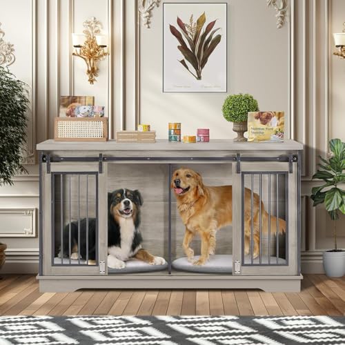Yafylly 2in1 Doppel Hundekäfig Möbel mit Trennwand 60,6 Zoll Grau Stabiler Hundehütte TV-Ständer mit 2 Schiebetüren und dickem Eisentürrahmen für 2 Hunde von Yafylly