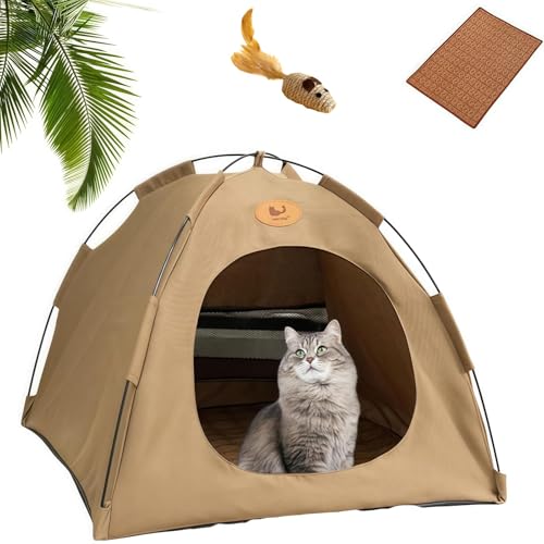 Premium Katzen Kuhlzelt, Pfotenbedarf Portable Cooling Tent for Cats Made, Removable Tent with Cooling Bed Mat for Pets, Dogs, Travel, Cats, Indoor(Braun,M) von Yagerod